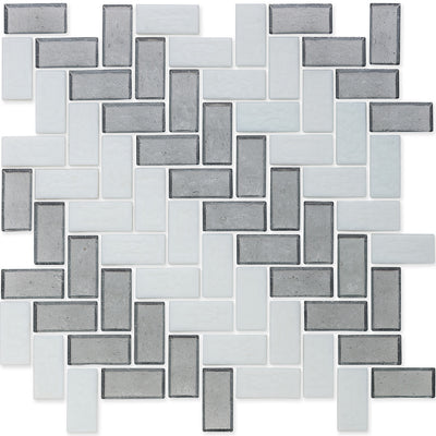 Moonstone and White, 1" x 2" Herringbone Stripe Pattern Glass Tile