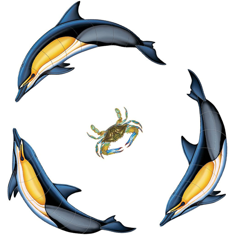 Common Dolphin Group and Blue Crab | Pool Mosaic by AquaBlu Mosaics
