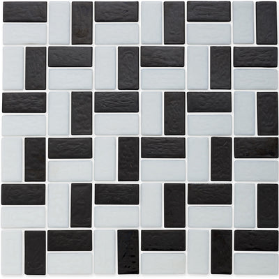 Onyx and White, 1" x 2" Basket Weave Zig-Zag Pattern Glass Tile