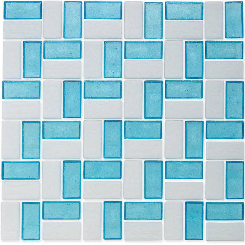 Zircon and White, 1" x 2" Basket Weave Zig-Zag Pattern Glass Tile