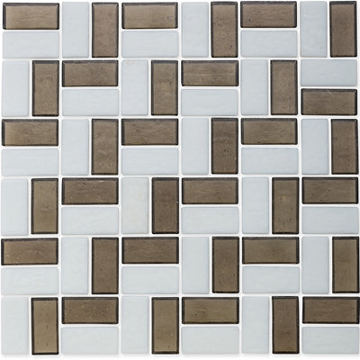 Ironstone and White, 1" x 2" Basket Weave Zig-Zag Pattern Glass Tile