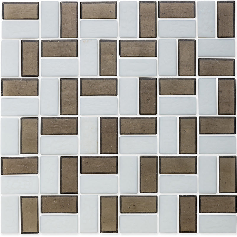 Ironstone and White, 1" x 2" Basket Weave Zig-Zag Pattern Glass Tile