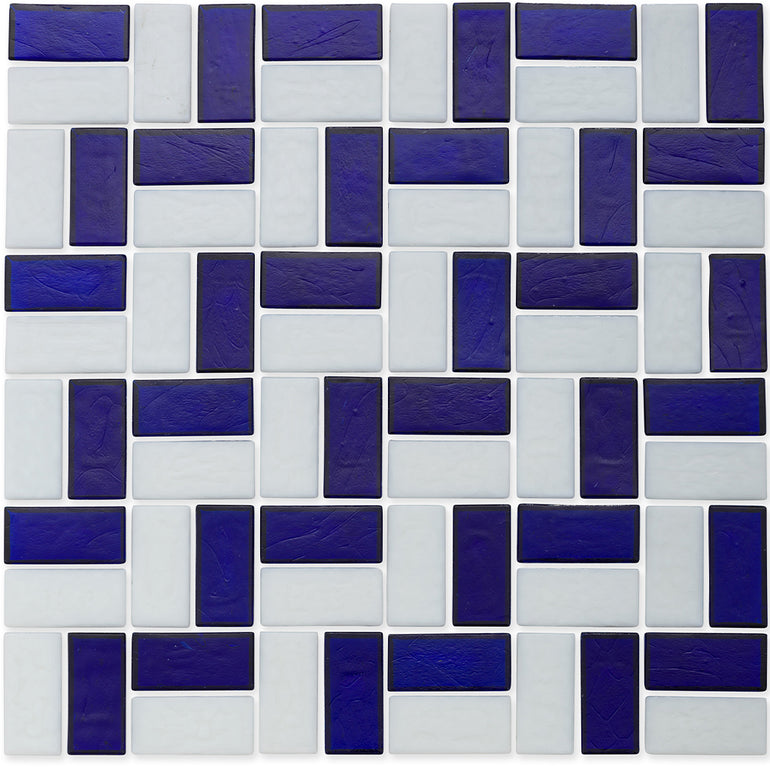 Sapphire and White, 1" x 2" Basket Weave Zig-Zag Pattern Glass Tile