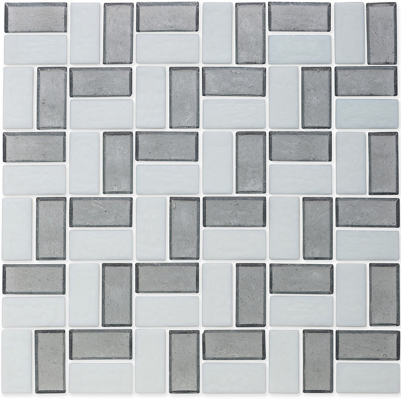 Moonstone and White, 1" x 2" Basket Weave Zig-Zag Pattern Glass Tile