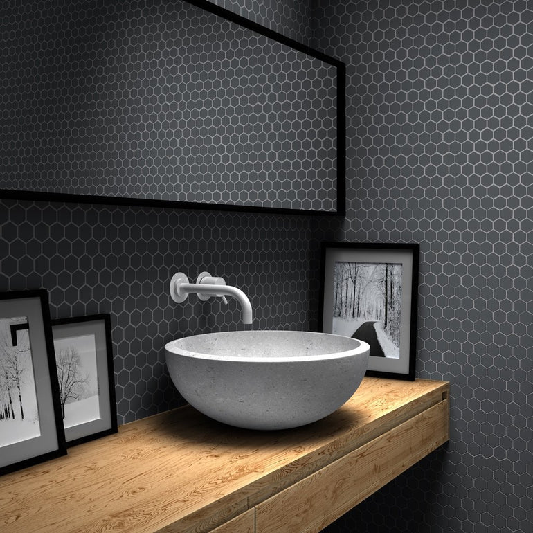 Matte Dark Grey, Flat Hexagon Mosaic - Glass Tile
