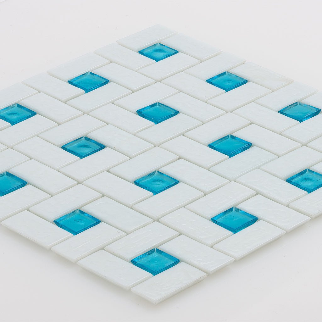 Zircon 1"x 1" and White 1" x 2", Pinwheel Pattern Glass Tile