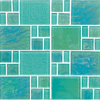 Piazza Series Green Mixed Mosaic Glass Tile | TRMPIAZGREENRND | Tesoro Pool Tile