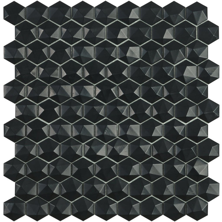 H35903MD - Matte Black, 3D Hexagonal Vidrepur Glass Mosaic Tile
