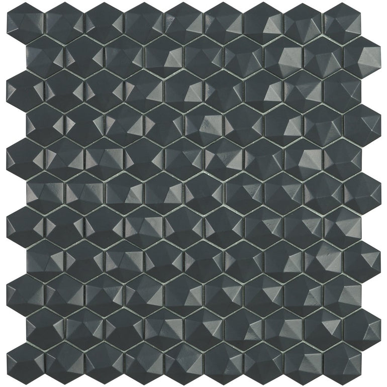 H35908MD - Matte Dark Grey, 3D Hexagonal Vidrepur Glass Mosaic Tile