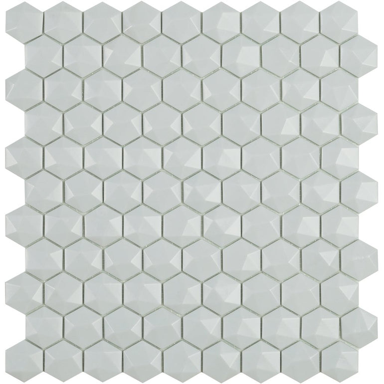 H35909MD - Matte Light Grey, 3D Hexagonal Vidrepur Glass Mosaic Tile