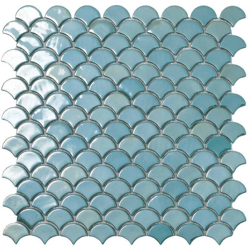 6001S - Brushed Turquoise Glass Fish Scale Glass Mosaic Tile by Vidrepur