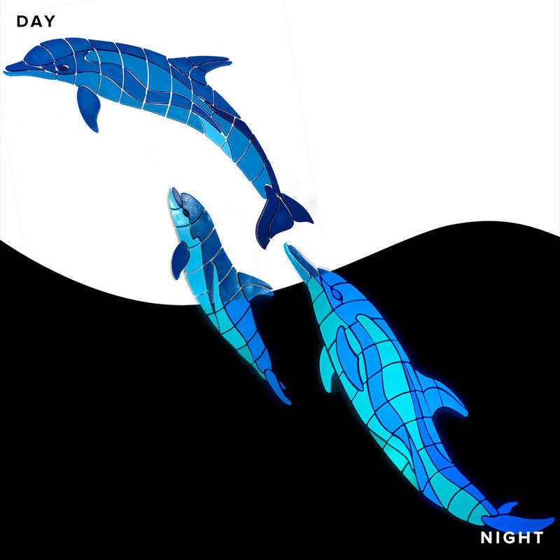 Wave Dolphins w/ Baby, Left | DOL-BWAVE-L | Glow in the Dark Pool Mosaic Tile