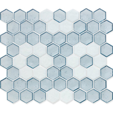 Aquamarine with White Flower, Hex Flower Pattern Glass Tile | American Glass Mosaics