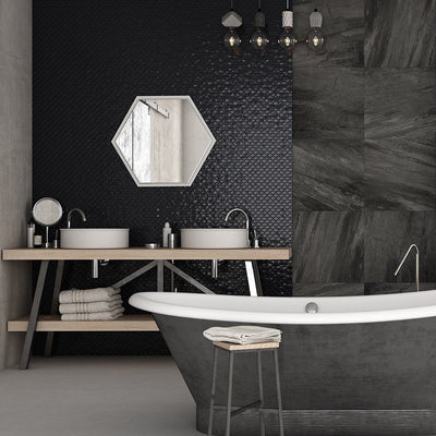 Brushed Black Glass Fish Scale Mosaic | 6005S | Glass Mosaic Tile