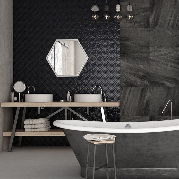 Brushed Black Glass Fish Scale Mosaic | 6005S | Glass Mosaic Tile