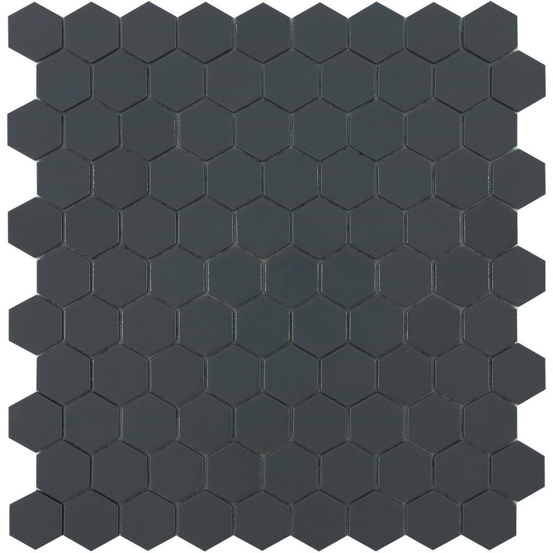 H35908M - Matte Dark Grey, Flat Hexagonal Vidrepur Glass Mosaic Tile